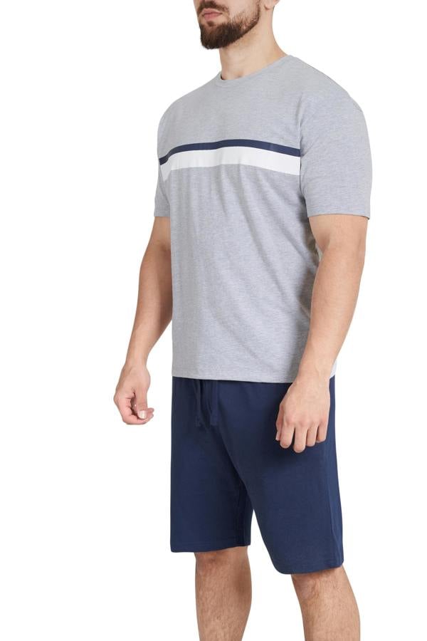 Smart Living Mens Polycotton Stripe Tee and Short-Leg Bottom Pyjama Set - Grey/Navy