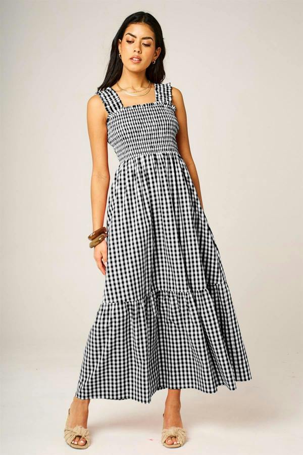 FS Collection Check Print Hem Detail Maxi Dress In Black