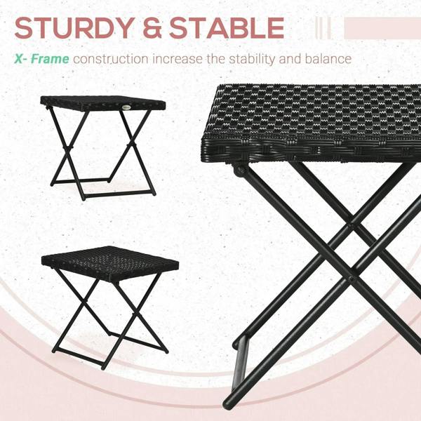 Black square wicker rattan folding table showing X-frame stability and woven top