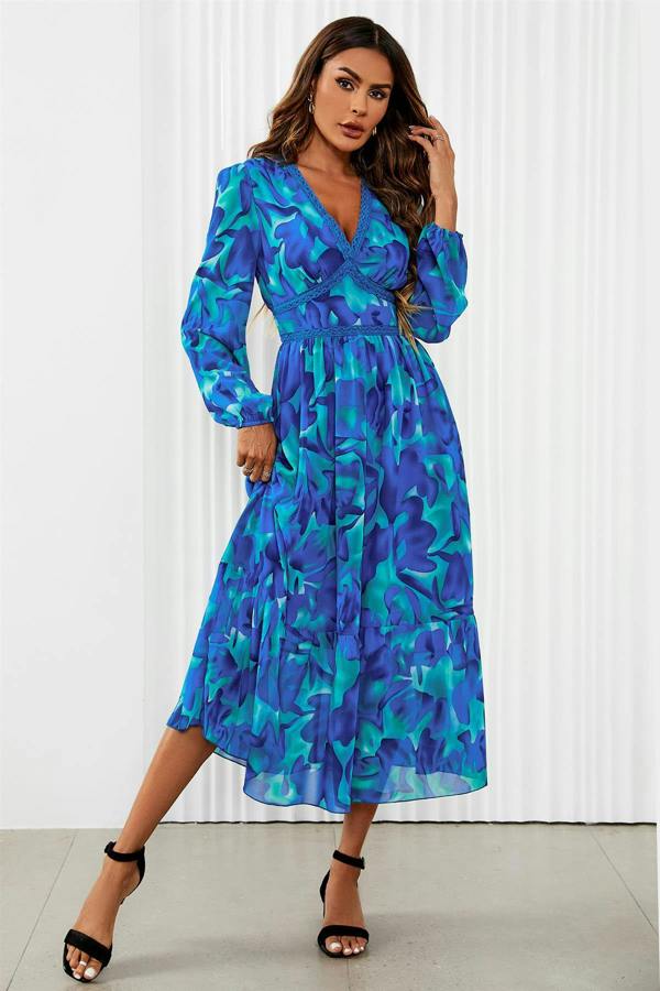 FS Collection Floral Print Long Sleeve Maxi Dress In Blue