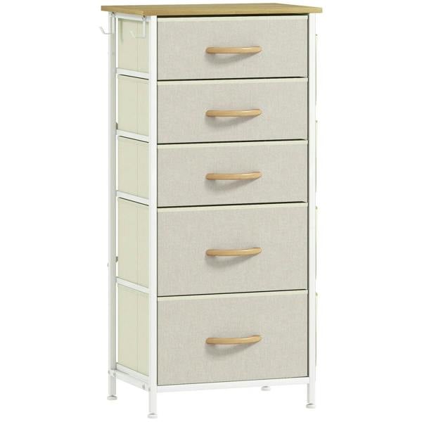 Beige fabric drawer storage cabinet with four drawers and wooden pulls