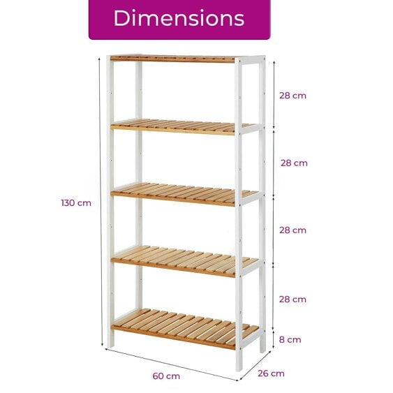 Neo White 5 Tier Bamboo Storage Shelf Shelves Rack Adjustable Multi-Purpose Rack Shoes Plants Bathroom Kitchen Hallway Room Organiser Unit