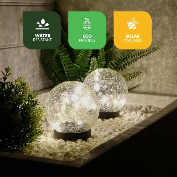 Gardenwize Pack of 2 Solar Crackle Ball LED Lights – Warm White Glass Globe Garden Lights