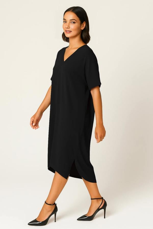 Hoxton Gal Relaxed Fit V-Neck Batwing Sleeve Midi Dress Kaftan Style in Black