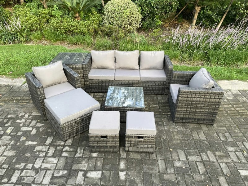 Fimous 8 Seater Wicker Rattan Garden Furniture Sofa Set with Side Table Armchair Square Coffee Table 3 Footstools Dark Grey Mixed