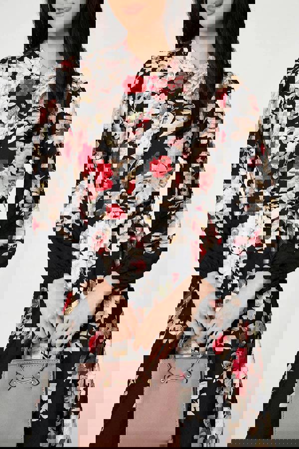 Black | Floral Tie Waist Long Sleeve Midi Dress