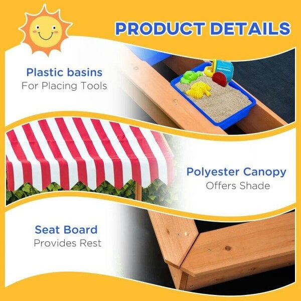 Bobobiy Sand Pit Kids Wooden Sandbox - Children Sandpit Play Station Height Adjustable - Canopy, Bottom Liner, Plastic Basins, Outdoor Aged 3-7 Years