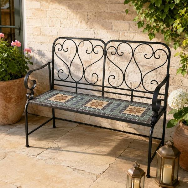 Marrakech Mosaic 2 Seater Garden Bench, 112cm Outdoor Patio Seat with Ceramic Tile Seat, Scrollwork Backrest & Metal Frame image 1