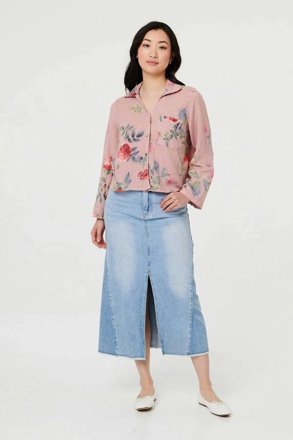 Pink | Floral 3/4 Turn-Up Sleeve Cropped Shirt
