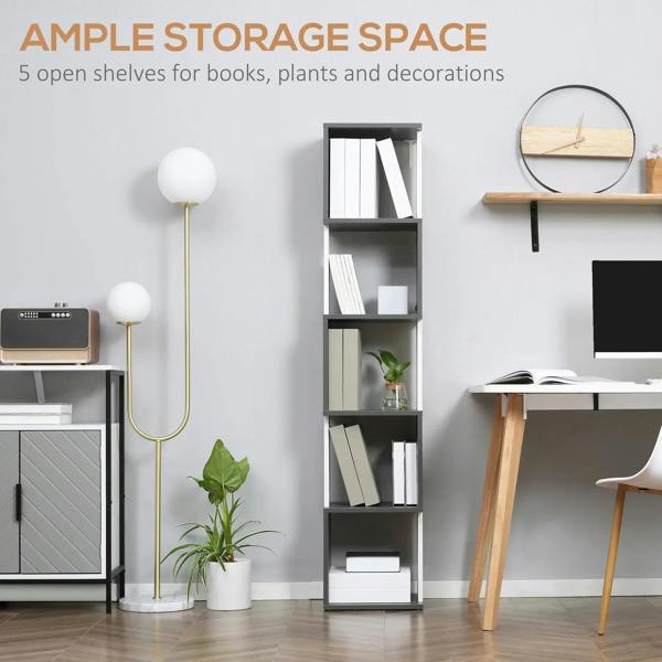 Tall freestanding bookshelf in white with dark gray shelves, five open tiers