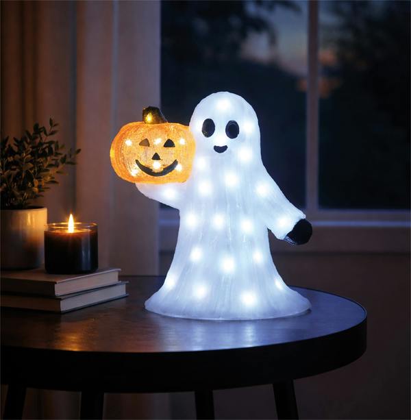 50L White LED Pumpkin & Ghost Halloween Outdoor Decoration with 5m Cable, Timer & IP20 Transformer, 28x12.5x29.5cm