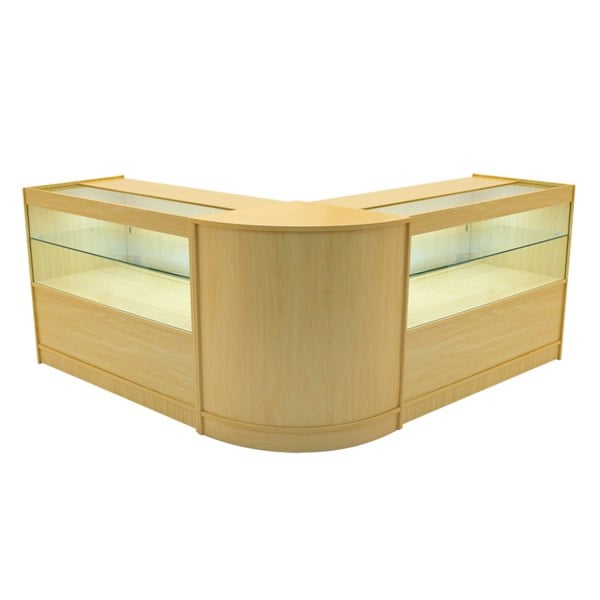 Maple Selene LED shop counter set featuring a modern design, glass display shelves, and a sleek, curved shape for retail spaces