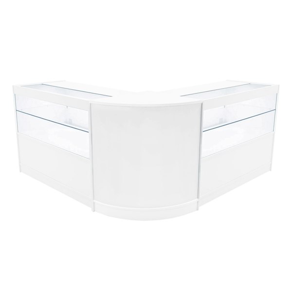 White Selene LED shop counter set with two display cases, featuring a sleek, modern design and glass panels for visibility