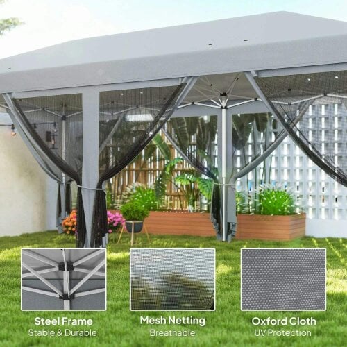 Bobobiy 3 x 6m Pop Up Gazebo, Outdoor Canopy Shelter, Marquee Party Wedding Tent with 6 Mesh Walls and Carry Bag, Grey