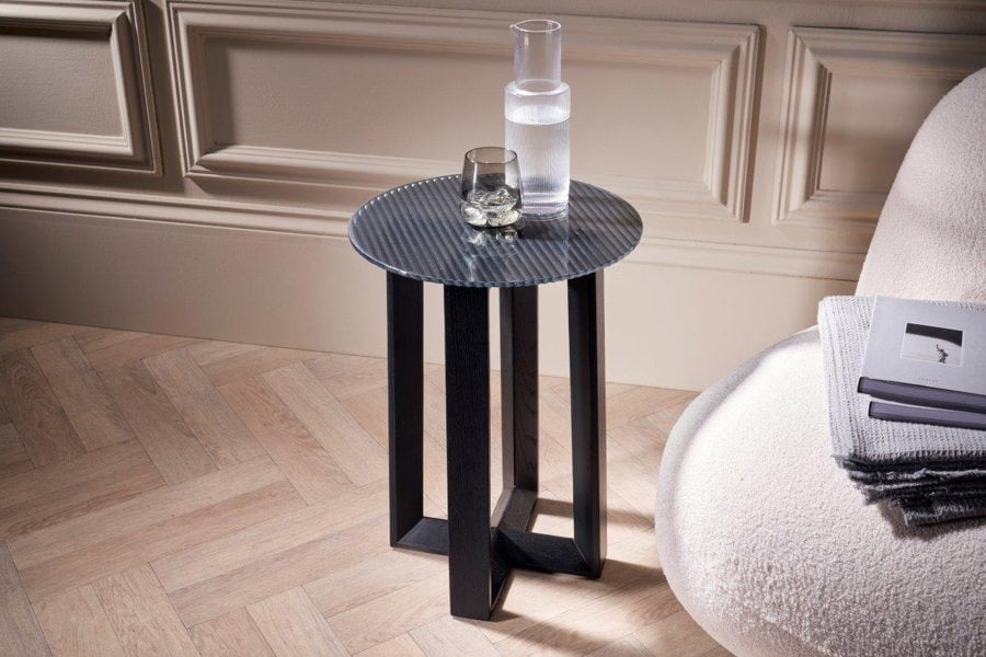 Cadiz Round Side Table - Grey Fluted Glass Top & Natural Oak Base by Gillmore British Design © GillmoreSPACE Limited