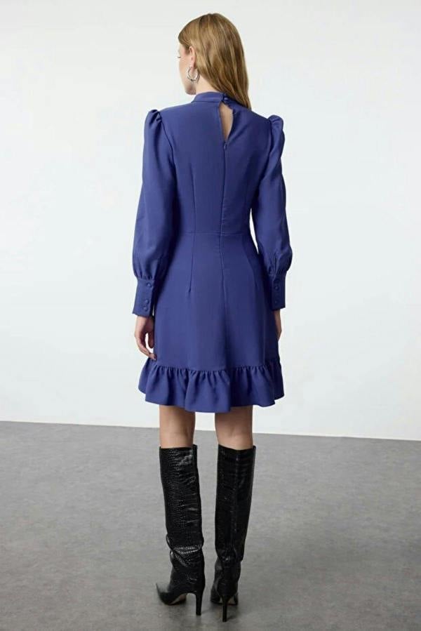 WOVCOR A-Line Stand-Neck Mini Woven Dress with Gathered Skirt