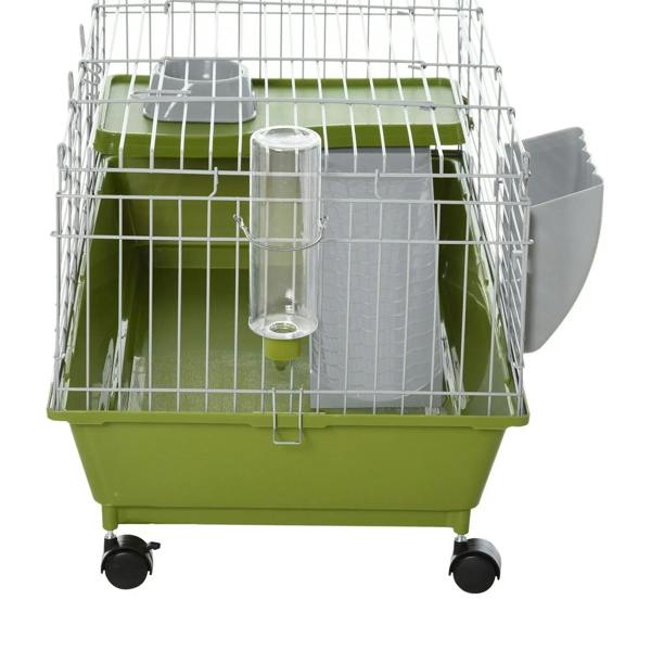 Front view of green small animal cage with wire sides, water bottle, and food dish