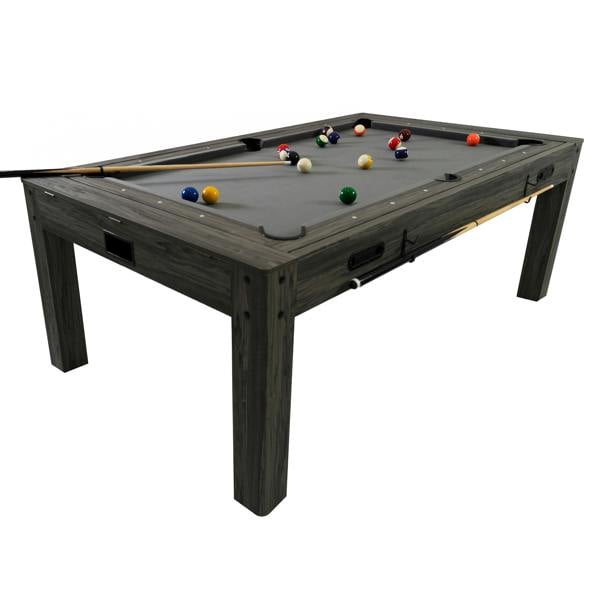 7-in-1 games table in grey with a textured finish, featuring a pool table setup and colorful billiard balls on a felt surface