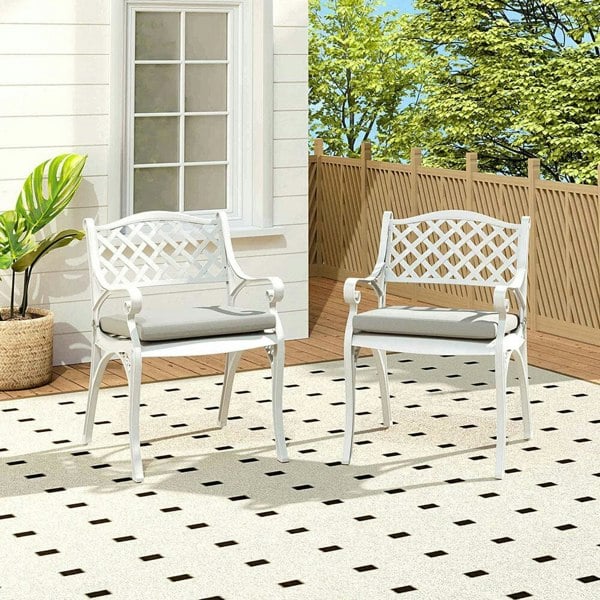 Set of 2 Garden Chairs Cast Aluminium Armchairs with Cushion Black/White Patio Side Chairs Living and Home White