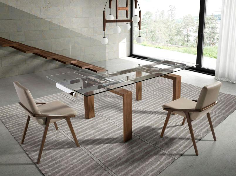 Angel Cerdá Rectangular tempered glass and walnut extending dining table 1007