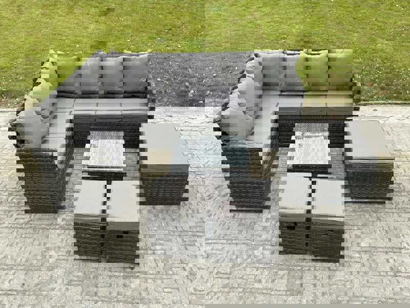 Fimous 9 Seater Outdoor Garden Furniture Set Wicker PE Rattan Corner Sofa Set with Square Coffee Table 3 Footstools Dark Grey Mixed