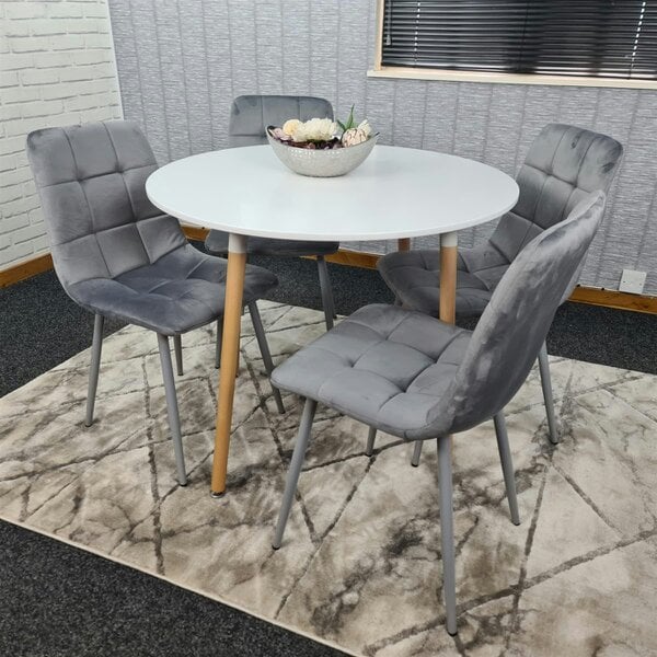 Kosy Koala Dining Table and 4 Chairs  White Round Wood Table 4 Grey Velvet Chairs Dining Room Furniture