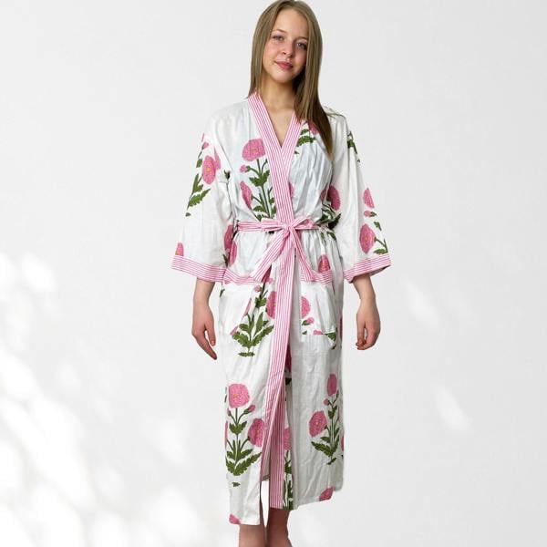 Hayley & Co White and Pink Flower Print 100% Cotton Dressing Gown