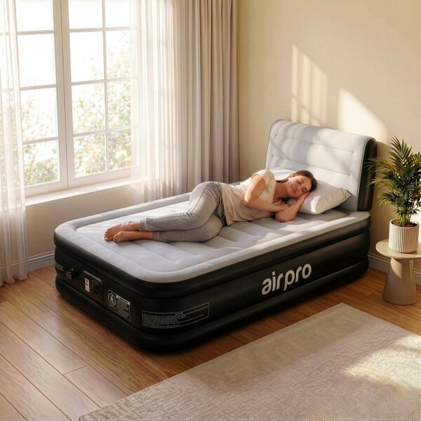 AIR PRO Inflatable Air Mattress with Headboard & Built-In Electric Pump - Single - Black
