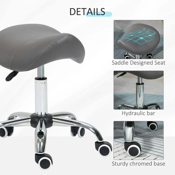 Grey faux-leather saddle seat with curved design and chrome hydraulic base on casters
