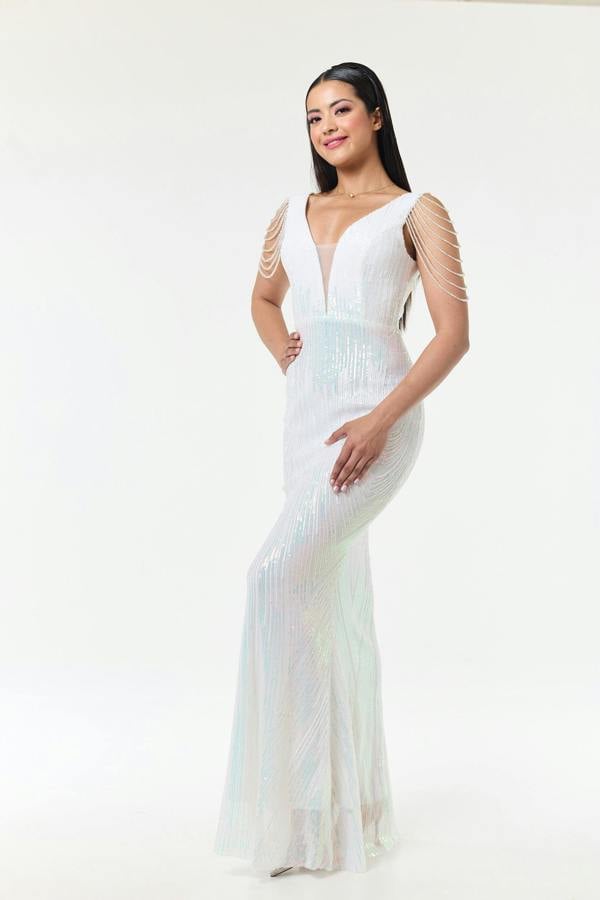 LuvForever Riona - White Jewelled Shoulder Sequin Maxi Dress