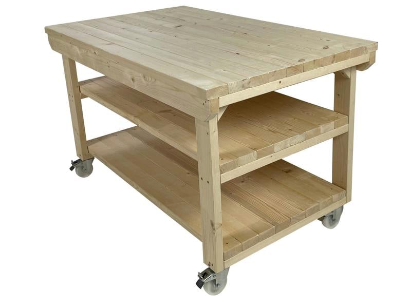 Rotem Wooden Kiln-Dry Workbench – 3ft Depth Sturdy and Durable Workstation with Wheels and Double Shelf for Extra Storage, Ideal for Garages, Workshops, and Sheds