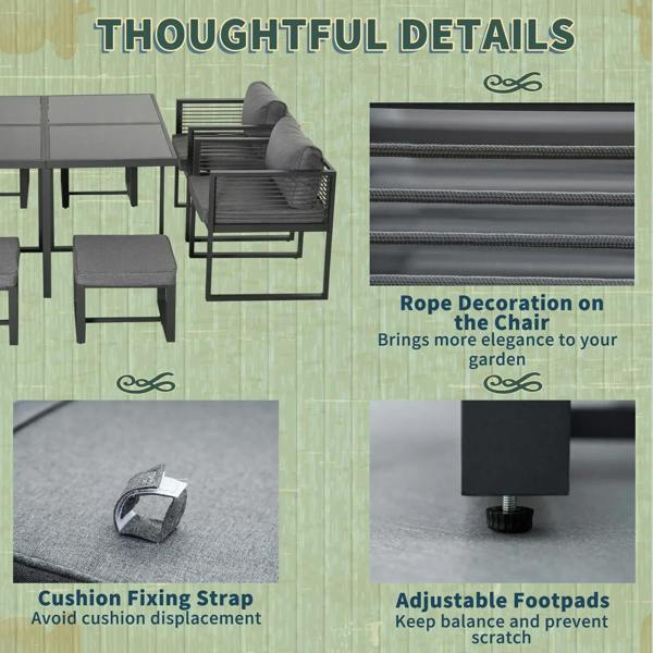 Grey cushioned garden chair with rope trim, cushion fixing strap, and footpads