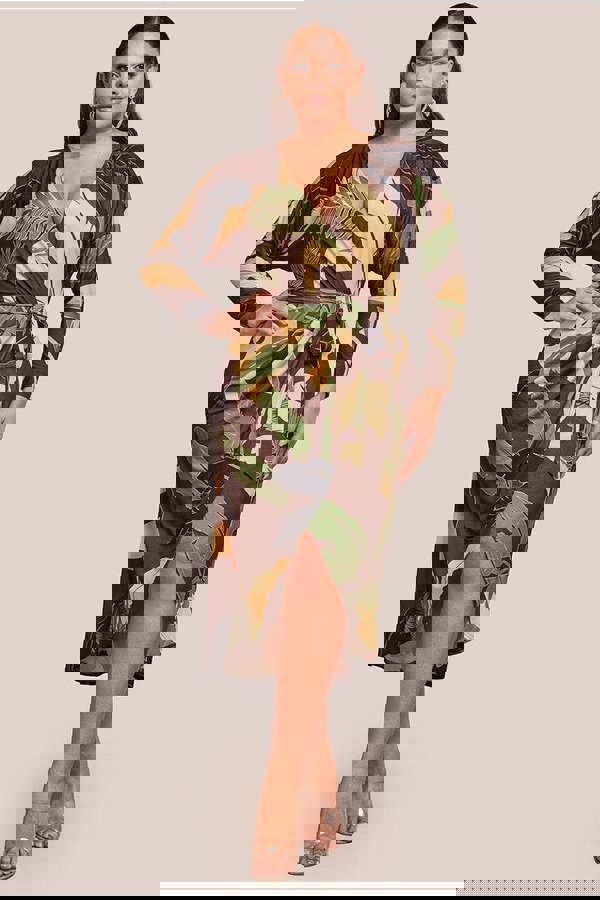 Printed Batwing Wrap Midi Dress - Brown DR3575P