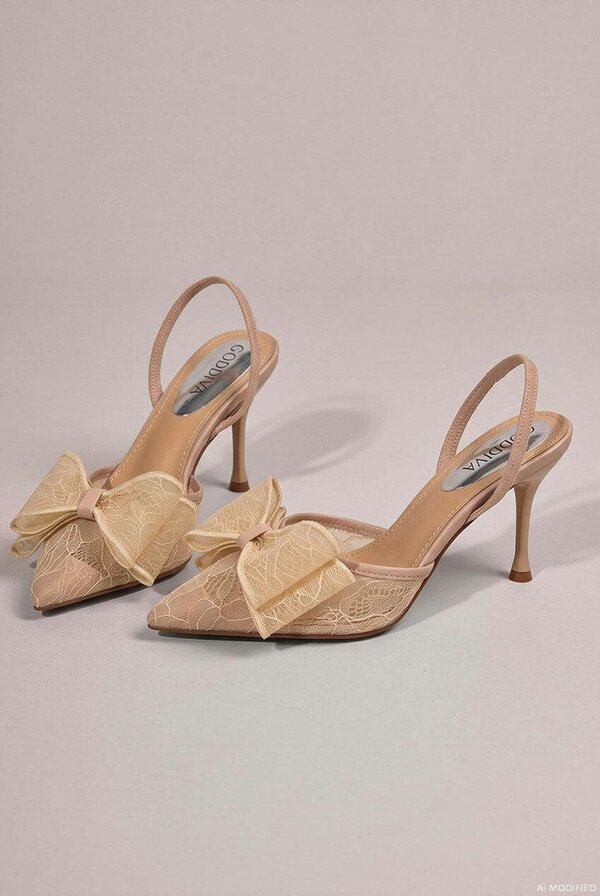 Goddiva Pointed Toe Lace Bow  Stiletto Slingback Heels - Champagne by Goddiva