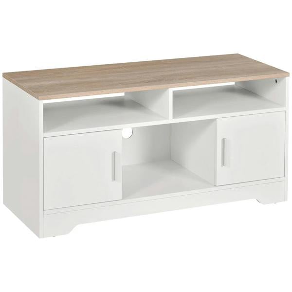 White TV stand cabinet with open shelves and drawers, wood top