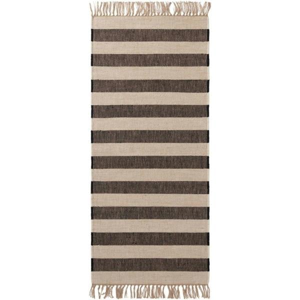 Handloom Jute Rug Natural White Black Fringed, Reversible, Striped Rug