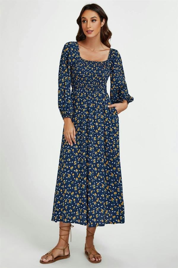 FS Collection Floral Print Square Neck Maxi Dress In Dark Blue