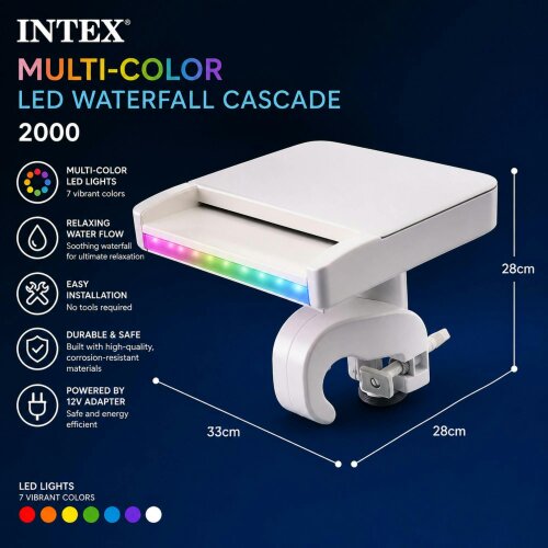 Intex Multi-Color LED Waterfall Cascade for Above Ground Pools – Illuminated Pool Fountain with 7 Color Changing Lights