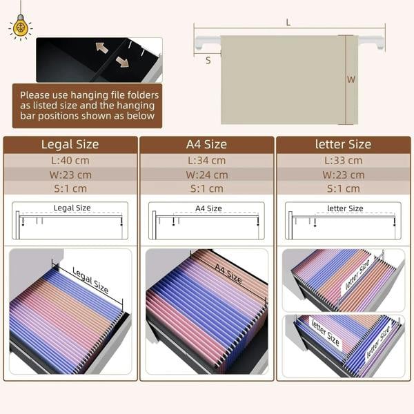 Instruction graphic with labeled filing sizes for letter, A4, and legal folders