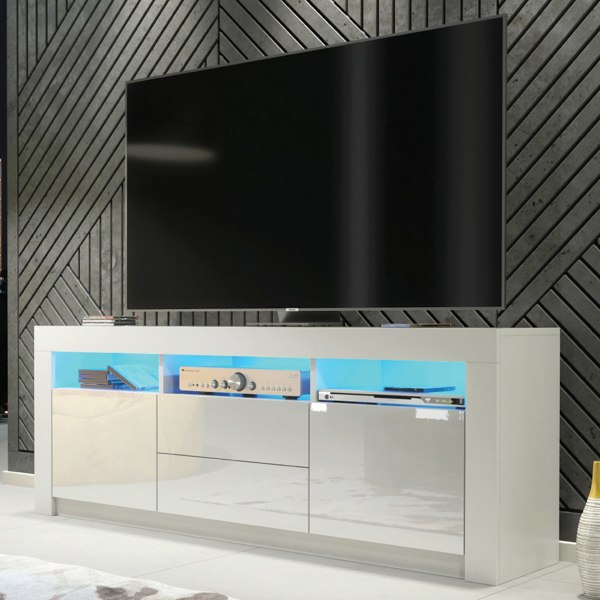 Mex Furniture Spacious 160cm TV Unit & Sideboard Cabinet with White Gloss Doors and Free LED