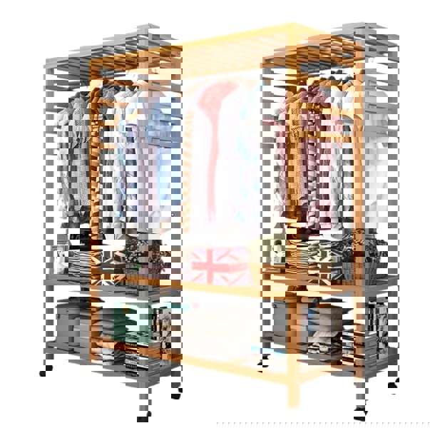 Modcraft Wooden Clothes Rail Rack – Heavy Duty Garment Hanging Stand with Shelves Open Wardrobe