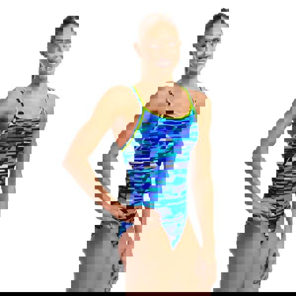 Funkita Pace Racer Diamond Back swimsuit in blue camo with neon green trim