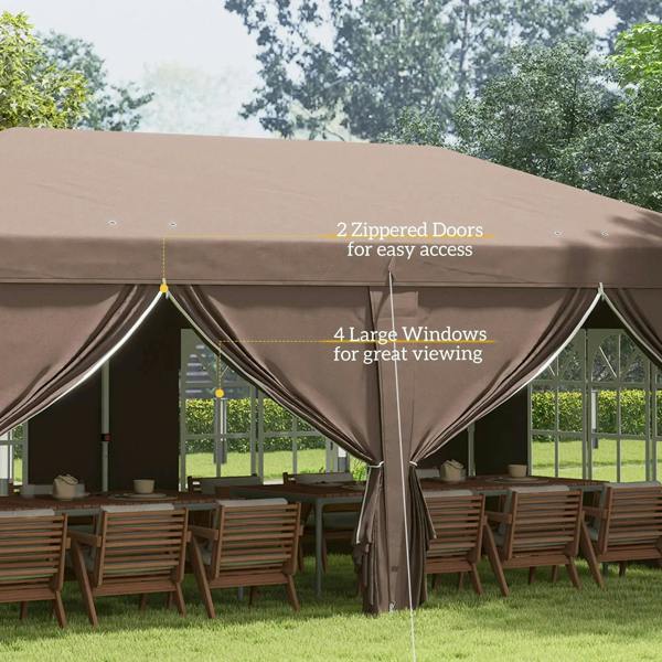 Brown gazebo front with zippered door openings and large window panels
