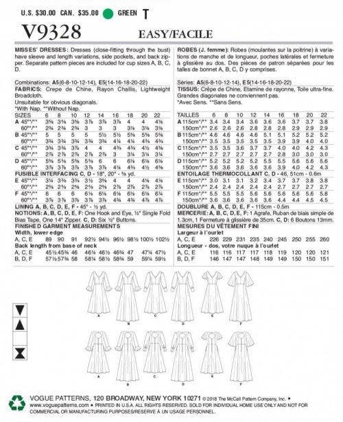 Vogue Sewing Pattern 9328, Dresses for Women, A5 (6-8-10-12-14) - Easy