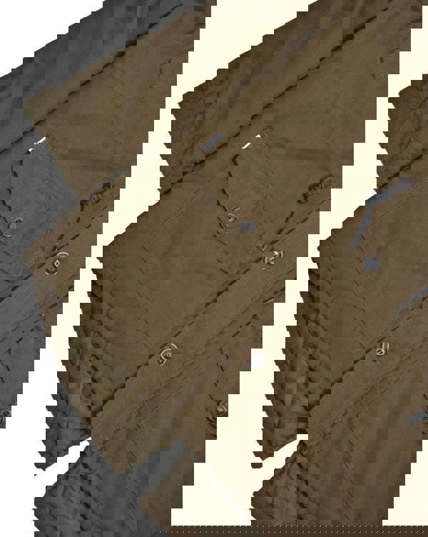 Lambretta Mens/Womens Carnaby Scooter Hooded Classic Mod Ska Badge Parka, close-up of brown jacket with front pockets, buttons, and quilted inner lining.