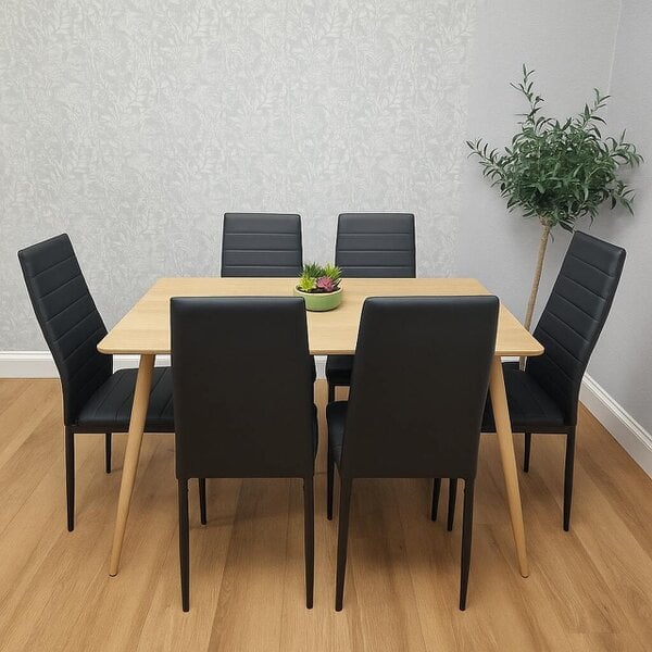Kosy Koala Modern Rectangle Wood Effect Dining Table Set With 6 Black Faux Leather Chairs Dining Room Furniture