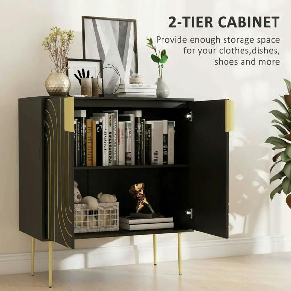 Black sideboard with open cabinet showing adjustable storage shelf and gold-tone side accents