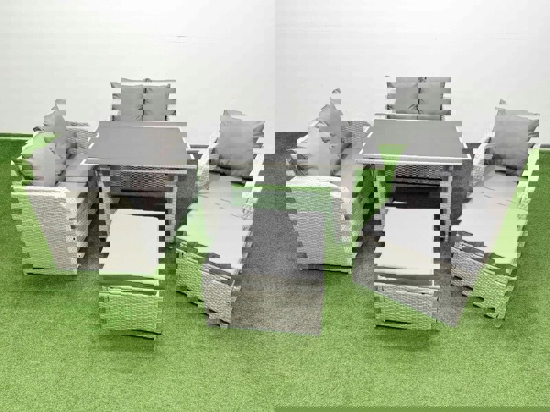 Fimous Rattan Sofa Outdoor Furniture with Dining Table,Love Sofa,2 Big Stools Patio Furniture Light Grey 7 Seater