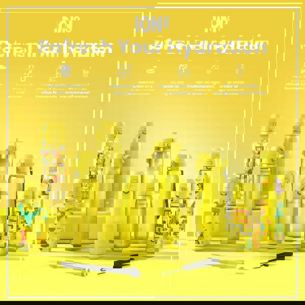 Several yellow water bottles, varying in size and design, are displayed on a yellow surface. Refresh Your Hydration. Choose from 3 different materials. Sizes to suit any user. Hundreds of designs to choose from. Shop our wide range of accessories.