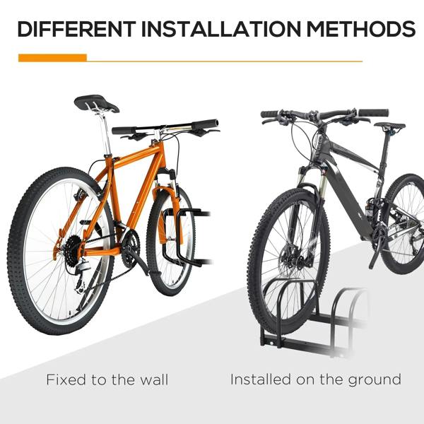 Black bike parking rack for wall mount or ground installation with six U-shaped holders